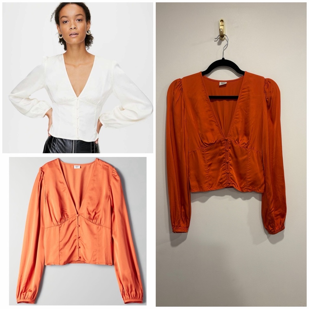 Aritzia Sunday Best Tatiana Blouse. Elegant Orange Satin V-Neck Blouse